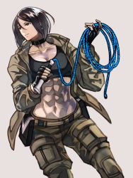 Rule 34 | 1girl, abs, belt, bra, choker, gloves, highres, jacket, muscular, muscular female, pants, pouch bags, snk, sports bra, syachiiro, the king of fighters, underwear, whip, whip (kof)