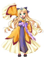 Rule 34 | 1girl, absurdres, arm up, armpits, blonde hair, crown, curly hair, detached sleeves, dress, earrings, enjutsu, full body, green eyes, highres, jewelry, koihime musou, long hair, necklace, open mouth, ribbon, saeki hokuto, solo, transparent background