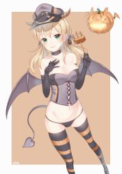 Rule 34 | 10s, 1girl, alternate costume, bare shoulders, bat wings, black gloves, black panties, blonde hair, choker, closed mouth, collarbone, corset, cross-laced clothes, demon tail, demon wings, gloves, green eyes, groin, hair ornament, halloween, hand on own chest, hat, holding, horns, jack-o&#039;-lantern, kantai collection, long hair, looking at viewer, midriff, navel, panties, polearm, prinz eugen (kancolle), pumpkin, simple background, smile, solo, striped clothes, striped thighhighs, tail, text focus, thighhighs, trident, twintails, underwear, weapon, winged hair ornament, wings, you06