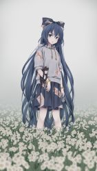 Rule 34 | 1girl, absurdly long hair, bangle, blue bow, blue eyes, blue hair, blue skirt, bow, bracelet, commentary request, debt, field, flower, flower field, fog, grey hoodie, hair bow, highres, holding, holding stuffed toy, hood, hoodie, jewelry, long hair, looking at viewer, outdoors, parted lips, pleated skirt, skirt, solo, standing, stuffed animal, stuffed cat, stuffed toy, torinari (dtvisu), touhou, very long hair, white flower, yorigami shion