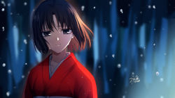 Rule 34 | 1girl, black hair, blurry, blurry background, brown hair, commentary request, crying, crying with eyes open, depth of field, gogatsu fukuin, grey eyes, hair between eyes, highres, japanese clothes, kara no kyoukai, kimono, looking at viewer, multicolored hair, red kimono, ryougi shiki, solo, tears, two-tone hair, upper body, water drop