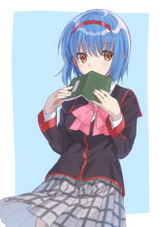 Rule 34 | 1girl, blue background, blue hair, book, border, bow, brown eyes, commentary request, commission, cowboy shot, grey skirt, hairband, little busters!, looking at viewer, mitsuyo (mituyo324), nishizono mio, pink bow, plaid, plaid skirt, pleated skirt, red hairband, school uniform, short hair, skirt, solo, two-tone background, white border