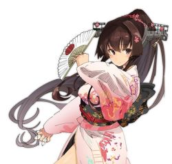 Rule 34 | 10s, 1girl, alternate costume, bad id, bad twitter id, between fingers, blush, brown eyes, brown hair, cherry blossoms, floral print, flower, folding fan, hair flower, hair intakes, hair ornament, hand fan, headgear, holding, iwasaki takashi, japanese clothes, kantai collection, kimono, long hair, long sleeves, obi, ponytail, sash, side slit, simple background, smile, solo, very long hair, wide sleeves, yamato (kancolle)