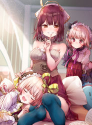 Rule 34 | 3girls, alt (ctrldel), atelier (series), atelier lydie &amp; suelle, atelier sophie, bare arms, bare shoulders, belt, blush, book, collarbone, commentary request, detached collar, drooling, closed eyes, finger to mouth, grin, hair between eyes, hair ribbon, hand on another&#039;s head, hat, headwear request, highres, holding, holding clothes, index finger raised, indoors, lap pillow, light particles, looking at another, looking at viewer, lydie marlen, multiple girls, neck ribbon, orange eyes, pillow, pink hair, purple neckwear, red eyes, red hair, red skirt, ribbon, shirt, short hair, short sleeves, siblings, sisters, sitting, skirt, sleeveless, sleeveless shirt, smile, sophie neuenmuller, strapless, strapless shirt, suelle marlen, thighhighs, twins, white shirt, yellow ribbon