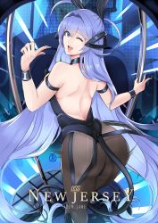 Rule 34 | 1girl, animal ears, azur lane, backless outfit, blue eyes, commentary, english commentary, english text, facing away, fake animal ears, hair ornament, highleg, highleg leotard, highres, leotard, long hair, looking at viewer, looking back, nail polish, new jersey (azur lane), new jersey (exhilarating steps!) (azur lane), one eye closed, open mouth, pantyhose, playboy bunny, pole, pole dancing, purple hair, rabbit ears, revolverwing, solo, stripper pole