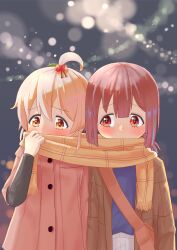 Rule 34 | 2girls, absurdres, ahoge, bag, blonde hair, blue hair, blunt bangs, blurry, blurry background, blush, bokeh, brown eyes, brown hair, coat, commentary request, covered mouth, depth of field, hair between eyes, hair ornament, highres, holly hair ornament, hozuki momiji, karakouji mink, long sleeves, multicolored hair, multiple girls, onii-chan wa oshimai!, oyama mahiro, scarf, shared clothes, shared scarf, short hair, shoulder bag, side-by-side, two-tone hair, yellow scarf, yuri