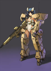 Rule 34 | 1girl, antennae, armor, assault rifle, blue hair, bodysuit, flyx2, frown, gradient background, gun, looking at viewer, mecha musume, red eyes, rifle, short hair, simple background, solo, weapon, wheel