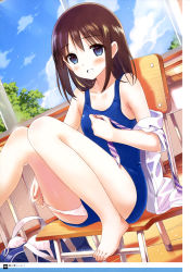 Rule 34 | 1girl, :d, absurdres, artist name, bag, bare legs, barefoot, blue bag, blue eyes, blue one-piece swimsuit, blue sky, blue stripes, blush, body blush, bow, bow bra, bra, brown hair, chair, changing clothes, classroom, cloud, cloudy sky, collarbone, collared shirt, day, dengeki moeou, desk, diagonal-striped clothes, diagonal-striped necktie, diagonal-striped neckwear, eyes visible through hair, foot dangle, framed image, highres, hiide, indoors, knees together feet apart, knees up, looking at viewer, necktie, off shoulder, official art, one-piece swimsuit, open clothes, open mouth, open shirt, original, page number, panties, panties under swimsuit, panty pull, pink bow, pink necktie, scan, school bag, school chair, school desk, school swimsuit, school uniform, shirt, sitting, sky, smile, solo, striped clothes, striped necktie, striped neckwear, swimsuit, tree, underwear, undone necktie, unworn bra, white panties, white shirt, white stripes, window