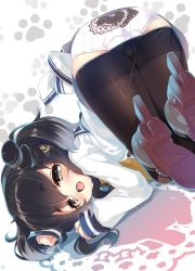 Rule 34 | 10s, 1girl, all fours, ass, black hair, black pantyhose, brown eyes, cameltoe, clothes pull, dress, from behind, kantai collection, looking back, mayusaki yuu, open mouth, panties, pantyhose, pantyhose pull, print panties, shoes, short dress, short hair, solo, tokitsukaze (kancolle), top-down bottom-up, twintails, two side up, underwear, white dress, white panties