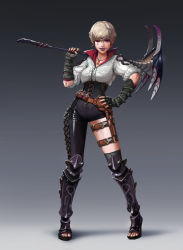 Rule 34 | 1girl, armor, belt, black legwear, boots, bracer, earrings, facial tattoo, fingerless gloves, full body, gloves, gradient background, greaves, grey background, hand on own hip, highres, jewelry, kyung hoon ahn (goldpants), light brown hair, looking at viewer, necklace, one eye closed, open toe boots, original, parted lips, sandals, shirt, short hair, simple background, snake print, solo, standing, tattoo, thigh strap, toeless footwear, weapon, white shirt