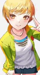Rule 34 | 1girl, arm at side, badge, blush, button badge, collarbone, fagi (kakikaki), frilled shirt, frills, grin, highres, jacket, jewelry, light brown hair, looking at viewer, necklace, open clothes, open jacket, parted lips, persona, persona 4, salute, satonaka chie, shirt, short hair, simple background, skirt, smile, solo, teeth, track jacket, two-finger salute, white background, white shirt, yellow eyes