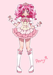 Rule 34 | 1girl, boots, bow, brooch, character name, choker, double bun, earrings, frills, full body, heart, heart brooch, heart earrings, jewelry, kagami chihiro, knee boots, magical girl, original, pink background, pink bow, pink eyes, pink hair, pink skirt, pink theme, precure, puffy sleeves, short hair, sidelocks, simple background, skirt, smile, solo, standing, white footwear, wrist cuffs