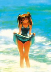 Rule 34 | 1girl, :d, artist name, blue eyes, blush, clothes lift, female focus, hairpods, highres, interface headset, kobayashi yuji, lifting own clothes, looking at viewer, neon genesis evangelion, ocean, one-piece swimsuit, open mouth, outdoors, scan, skirt, skirt lift, smile, solo, souryuu asuka langley, swimsuit, swimsuit under clothes, wading, water
