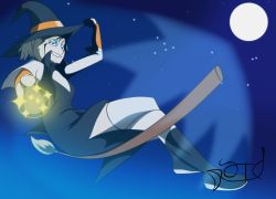 Rule 34 | blonde hair, blue eyes, broom, broom riding, hat, highres, lisa silverman, moon, persona, persona 2, soldroid, thighhighs, witch, witch hat