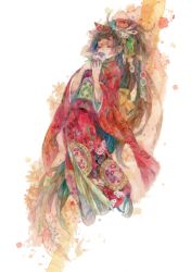 Rule 34 | 1girl, closed eyes, flower, full body, hair flower, hair ornament, hands up, japanese clothes, kimono, long sleeves, obi, original, painting (medium), print kimono, red flower, red kimono, runta, sandals, sash, solo, traditional media, watercolor (medium), wide sleeves