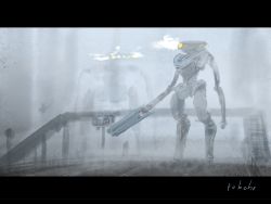 Rule 34 | bottoms1237, bridge, fog, gun, highres, holding, holding gun, holding weapon, letterboxed, looking ahead, mecha, no humans, open hand, original, robot, science fiction, solo, standing, weapon