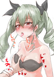 Rule 34 | 1boy, 1girl, absurdres, anchovy (girls und panzer), bikini, black bikini, blush, breasts, girls und panzer, grabbing, grabbing another&#039;s breast, green hair, hair ribbon, hetero, highres, large breasts, long hair, misoperopero, open mouth, red eyes, ribbon, saliva, simple background, swimsuit, tongue, tongue out, twintails, upper body, white background