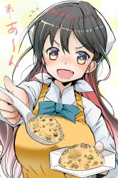 Rule 34 | &gt;:d, 10s, 1girl, :d, akizuki shigure, apron, black hair, blush, bow, bowtie, commentary request, fang, feeding, food, fried rice, highres, incoming food, kantai collection, long hair, looking at viewer, naganami (kancolle), open mouth, pov, rice, smile, solo, spoon, upper body, v-shaped eyebrows