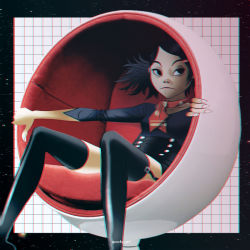 Rule 34 | 1girl, ascot, black eyes, black hair, black thighhighs, breasts, chromatic aberration, egg chair, facing viewer, feet out of frame, garter straps, gorillaz, hair ornament, hairclip, high-waist skirt, looking at viewer, noodle (gorillaz), petite, short hair, short twintails, sitting, skirt, small breasts, solo, spooky-gxrl, swept bangs, thighhighs, twintails