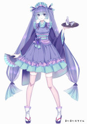 Rule 34 | 1girl, apron, aqua hair, aqua skirt, blunt bangs, bottle, bow, breasts, bright pupils, closed mouth, colored eyelashes, creatures (company), cup, drink, female focus, folding fan, frilled apron, frilled skirt, frills, full body, game freak, gem, gen 7 pokemon, gradient hair, hair ribbon, hairband, hand fan, hand up, highres, holding, holding drink, holding fan, holding tray, japanese clothes, japanese text, kimono, layered legwear, layered sleeves, legs, long hair, long sleeves, looking at viewer, low-tied long hair, maid, medium breasts, merlusa, miniskirt, multicolored hair, nintendo, obi, oricorio, oricorio (sensu), personification, pink thighhighs, pleated skirt, pokemon, purple apron, purple bow, purple eyes, purple footwear, purple gemstone, purple hair, purple kimono, purple ribbon, ribbon, sandals, sash, shiny clothes, sidelocks, simple background, skirt, socks, solo, standing, tabi, tassel, thighhighs, thighs, tokkuri, translated, tray, twintails, two-tone hair, very long hair, wa maid, white background, white pupils, white socks, wide sleeves, zettai ryouiki, zouri