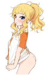 Rule 34 | 10s, arched back, ass, bad id, bad twitter id, blonde hair, blue eyes, blush, bottomless, breasts, cowboy shot, from side, highres, idolmaster, idolmaster cinderella girls, leaning forward, lips, long hair, looking at viewer, medium breasts, naked shirt, off-shoulder shirt, off shoulder, ohtsuki yui, omaru gyuunyuu, parted lips, ponytail, shirt, shirt tug, sidelocks, simple background, solo, white background