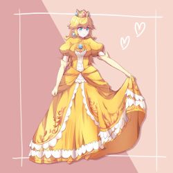 Rule 34 | 1girl, alternate color, blonde hair, blue eyes, breasts, brooch, closed mouth, clothes lift, crown, dress, dress lift, earrings, elbow gloves, full body, gloves, hair between eyes, heart, jewelry, lifted by self, long hair, mario (series), medium breasts, missou shiro, nintendo, princess, princess peach, puffy short sleeves, puffy sleeves, short sleeves, smile, solo, super smash bros., yellow dress, yellow gloves