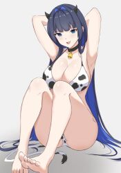 Rule 34 | 1girl, animal print, armpits, arms up, ass, barefoot, bikini, blue eyes, blue hair, breasts, collar, collarbone, cow girl, cow horns, cow print, cow print bikini, cow tail, cowbell, feet, gluteal fold, holocouncil, hololive, hololive english, horns, knees up, large breasts, long hair, ouro kronii, print bikini, solo, swimsuit, tail, thick thighs, thighs, virtual youtuber, white bikini, zeropen