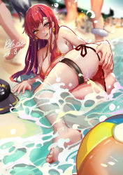 Rule 34 | 1girl, ass, ball, bare shoulders, baseball cap, beach, beachball, bikini, black headwear, blush, breasts, cleavage, collarbone, earrings, gold trim, hat, unworn hat, unworn headwear, heart, heart earrings, heterochromia, highres, hololive, houshou marine, houshou marine (summer), jewelry, large breasts, legs, licking lips, long hair, looking at viewer, lying, on side, qblade, red bikini, red eyes, red hair, shore, smile, solo focus, swimsuit, thigh strap, tongue, tongue out, virtual youtuber, wet, yellow eyes