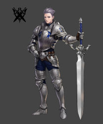 Rule 34 | 1boy, absurdres, armor, breastplate, closed mouth, gauntlets, greaves, grey background, hand on own hip, highres, holding, holding sword, holding weapon, ji ho song, knight, light purple hair, male focus, original, purple eyes, purple hair, simple background, solo, standing, sword, turtleneck, vambraces, weapon