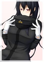 Rule 34 | 10s, 1girl, black hair, brown eyes, commentary request, covering own mouth, female admiral (kancolle), gloves, hair between eyes, hat, hat in hand, highres, holding, holding clothes, holding hat, kantai collection, long hair, looking at viewer, military, military hat, military uniform, niwatazumi, peaked cap, solo, tatebayashi sakurako, uniform, unworn hat, unworn headwear, white gloves
