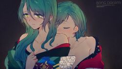 Rule 34 | 2girls, aqua hair, artist name, bang dream!, bare shoulders, black background, blush, breasts, cleavage, closed eyes, copyright name, green eyes, hand on own chest, hikawa hina, hikawa sayo, incest, japanese clothes, kimono, long hair, medium breasts, medium hair, milk puppy, multiple girls, nervous, open clothes, open kimono, siblings, sisters, smelling, twincest, twins, twitter username, yuri