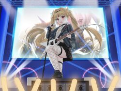 Rule 34 | 1girl, absurdres, black choker, black footwear, black jacket, black skirt, blonde hair, choker, concert, diadem, electric guitar, endou lily, fishnet thighhighs, fishnets, glowstick, guitar, hair intakes, headgear, highres, holding, holding microphone, instrument, jacket, loafers, long hair, long sleeves, microphone, microphone stand, miniskirt, music, nagamma, open clothes, open jacket, open mouth, panties, pantyshot, penlight (glowstick), pink panties, pleated skirt, red eyes, screen, sedai one, shirt, shoes, singing, skirt, stage, stage lights, standing, thighhighs, tied shirt, twintails, underwear, very long hair, virtual youtuber, white shirt