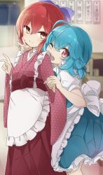 Rule 34 | 2girls, ;d, ahoge, alternate costume, alternate hairstyle, apron, blue bow, blue hair, blurry, blurry background, bow, cowboy shot, from side, hair bow, hand grab, heterochromia, highres, indoors, japanese clothes, kimono, long sleeves, looking at viewer, low twintails, multiple girls, one eye closed, open mouth, petticoat, pout, red eyes, red hair, red kimono, sekibanki, short hair, short sleeves, smile, standing, tatara kogasa, touhou, twintails, tyouseki, v, white apron, wide sleeves