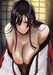 Rule 34 | 1girl, black hair, blush, breasts, collarbone, fate/grand order, fate (series), hair ornament, japanese clothes, jikihatiman, kimono, large breasts, leaning forward, long hair, long sleeves, looking at viewer, miss crane (fate), multicolored hair, nipples, open clothes, open kimono, purple eyes, red hair, sidelocks, smile, solo, sweat, two-tone hair, white kimono