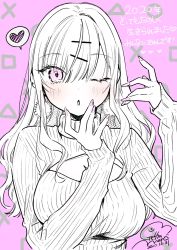 Rule 34 | 1girl, blush, cleavage cutout, clothing cutout, dated, earrings, fingernails, geshumaro, gyaru gamer ni home raretai, gyarugema ni home raretai, hair ornament, hairclip, hand up, hands up, heart, highres, jewelry, long hair, long sleeves, looking at viewer, nail polish, one eye closed, parted lips, pink background, pink nails, pom pom (clothes), pom pom earrings, ribbed sweater, signature, solo, spoken heart, suzuki rion, sweater, upper body