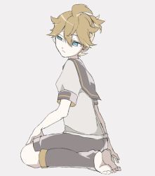 Rule 34 | 1boy, barefoot, black collar, black shorts, blonde hair, blue eyes, collar, crypton future media, eiku, expressionless, full body, grey background, kagamine len, leg warmers, looking to the side, male focus, necktie, one-hour drawing challenge, piapro, sailor collar, seiza, shirt, short ponytail, short sleeves, shorts, sitting, solo, vocaloid, white shirt