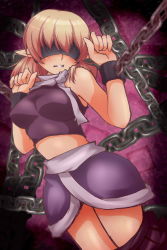 Rule 34 | 1girl, bdsm, blindfold, blonde hair, blush, bondage, bound, bound wrists, breasts, chained wrists, chain, clothes pull, highres, midriff, mizuhashi parsee, morimura mizuki, parted lips, pointy ears, scarf, short hair, skirt, skirt pull, solo, touhou