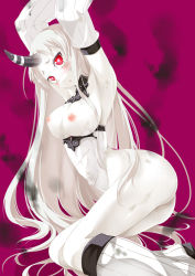 Rule 34 | 10s, 1girl, abyssal ship, armpits, arms up, ass, blush, boots, breasts, detached sleeves, dress, heart, heart-shaped pupils, horns, kantai collection, large breasts, long hair, looking at viewer, nipples, pale skin, porurin (do-desho), red eyes, ribbed dress, seaport princess, single horn, solo, symbol-shaped pupils, torn clothes, very long hair, white hair