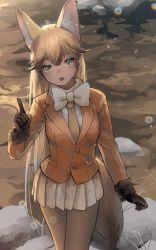 Rule 34 | 1girl, absurdres, animal ears, bow, bowtie, brown fur, brown gloves, brown hair, commentary request, ezo red fox (kemono friends), fox ears, fox girl, fox tail, fur trim, gloves, highres, jacket, kemono friends, long hair, long sleeves, multicolored hair, necktie, orange eyes, orange hair, orange jacket, orange necktie, orange pantyhose, pantyhose, pleated skirt, shirt, skirt, snow, solo, tail, water, welt (kinsei koutenkyoku), white bow, white bowtie, white shirt, white skirt