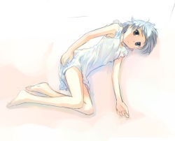 Rule 34 | 1girl, arm at side, armpits, bare arms, bare legs, bare shoulders, barefoot, blue eyes, blue hair, closed mouth, dress, expressionless, feet, full body, ikeda jun (mizutamari), looking at viewer, looking up, lying, on side, original, short hair, sketch, sleeveless, sleeveless dress, soles, solo, toes, white dress