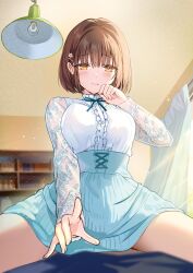 Rule 34 | 1girl, 3:, absurdres, blue skirt, blunt bangs, blurry, blurry background, blush, bob cut, bookshelf, breasts, brown hair, ceiling light, center frills, class no yuutousei wo &quot;imouto&quot; ni suru yakusoku wo shita. douyara ippai amaetairashii., closed mouth, commentary request, curtains, day, floral print, frills, girl on top, highres, indoors, kakogawa ao, light particles, light rays, looking at viewer, medium breasts, novel illustration, official art, pov, reaching, reaching towards viewer, second-party source, see-through, see-through sleeves, shirt, short hair, skirt, sunlight, tan (tangent), thighs, wavy mouth, white shirt, window, yellow eyes