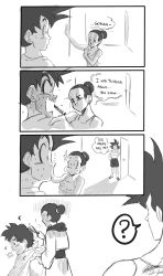 Rule 34 | 1girl, 2boys, 4koma, ?, age difference, black hair, blush, breasts, chi-chi (dragon ball), cleavage, comic, commentary, cutting hair, dragon ball, dragonball z, english commentary, english text, father and son, full-face blush, greyscale, highres, incest, monochrome, mother and son, multiple boys, shirt, shorts, sleeveless, sleeveless shirt, son goku, son goten, speech bubble, spiked hair, spoken question mark, summector, surprised, sweat, nervous sweating
