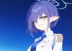 Rule 34 | 1girl, aoi (blue archive), blue archive, blue eyes, blue hair, blue halo, blue necktie, collared shirt, earrings, grin, halo, jewelry, looking at viewer, necktie, pointy ears, shirt, short hair, smile, solo, tyureu, upper body, white shirt