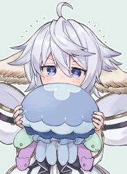 Rule 34 | 1girl, ahoge, animal ears, blue eyes, blush, covering own mouth, dress, eno (preno gb), granblue fantasy, green background, holding, holding stuffed toy, looking at viewer, purple hair, short hair, simple background, solo, stuffed jellyfish, stuffed toy, symbol-shaped pupils, upper body, wamdus (granblue fantasy), white dress