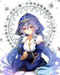 Rule 34 | 1girl, bare shoulders, black skirt, blue hair, blue sleeves, breasts, commentary request, detached sleeves, genshin impact, hair between eyes, juliet sleeves, layla (genshin impact), long hair, long sleeves, looking at viewer, orange eyes, pantyhose, parted lips, puffy sleeves, ringlets, shirogane hina, simple background, skirt, small breasts, solo, veil, very long hair, white background, white pantyhose