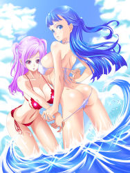 Rule 34 | 2girls, :o, arched back, ass, assisted exposure, back, bad id, bad pixiv id, bent over, bikini, bikini pull, blue eyes, blue hair, blunt bangs, breasts, clothes pull, cloud, collarbone, covered erect nipples, day, dimples of venus, dutch angle, floating hair, frilled bikini, frills, from side, groin, half updo, highres, holding another&#039;s wrist, holding hands, huge breasts, interlocked fingers, large breasts, legs apart, light purple hair, long hair, looking at viewer, looking back, multiple girls, navel, ocean, open mouth, original, outdoors, panties, panty pull, parted bangs, parted lips, pink eyes, pink hair, pulling another&#039;s clothes, red bikini, shiny skin, side-tie bikini bottom, sideboob, skindentation, sky, sparkle, standing, strap gap, string bikini, surprised, swimsuit, tamawo, two side up, underwear, wading, water, water drop, white bikini, yuri