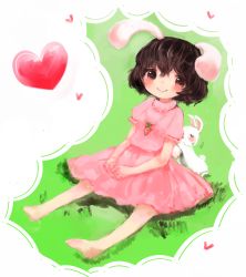 Rule 34 | &gt; &lt;, 1girl, animal ears, bad id, bad pixiv id, barefoot, blush, brown eyes, brown hair, rabbit, rabbit ears, carrot, carrot necklace, dress, closed eyes, flying sweatdrops, heart, inaba tewi, jewelry, maccha cocoa (mococo), necklace, pendant, pink dress, short sleeves, sitting, smile, solo, touhou