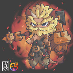 Rule 34 | 1boy, animal ears, aulus (mobile legends), beard, beard over mouth, blonde hair, chibi, chibigenix, facial hair, frown, full beard, full body, hammer, highres, holding, holding hammer, huge eyebrows, huge weapon, lion boy, lion ears, lion tail, looking at viewer, male focus, mature male, mobile legends: bang bang, mustache, over shoulder, short hair, solo, standing, tail, thick beard, thick mustache, two-tone background, weapon, weapon over shoulder