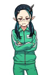 Rule 34 | 1girl, nanashi inc., bespectacled, black hair, blue hair, closed mouth, commentary request, cosplay, cowboy shot, crossed arms, demon girl, demon horns, expressionless, fang, fang out, flat chest, glasses, gokusen, green jacket, green pants, heebee, highres, horns, jacket, long hair, looking at viewer, low twintails, multicolored hair, pants, pointy ears, red eyes, shishio chris, simple background, solo, sugar lyric, track jacket, track pants, twintails, two-tone hair, virtual youtuber, white background, yamaguchi kumiko, yamaguchi kumiko (cosplay)
