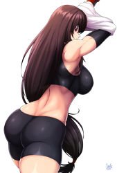 Rule 34 | 1girl, armpits, ass, bike shorts, black shorts, black sports bra, breasts, covered erect nipples, elbow gloves, final fantasy, final fantasy vii, final fantasy vii remake, gloves, highres, jmg, large breasts, long hair, looking at viewer, looking back, low-tied long hair, md5 mismatch, muscular, muscular female, red eyes, resolution mismatch, shorts, sideboob, simple background, solo, source smaller, sports bra, tifa lockhart, toned, undressing, very long hair, white background